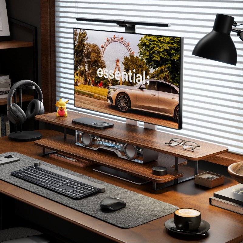 Walnut Finish Monitor Stand Ri - Desk Setup With Laptop And Monitor recensie en prijs