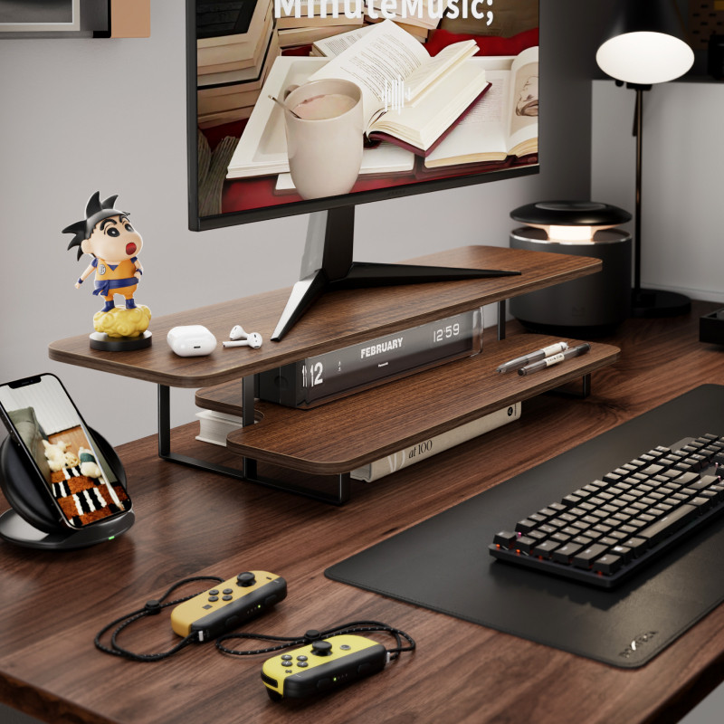 Walnut Finish Monitor Stand Ri - Desk Setup With Laptop And Monitor recensie en prijs